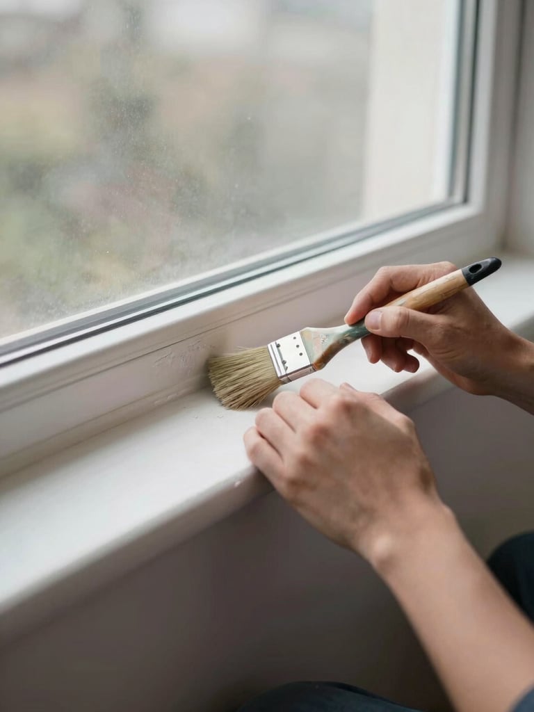 Wide shot of a painter's hands applying a detail brush along a baseboard edge under soft overcast window light, precise technique visible, clean white surface against a dark trim, no faces shown