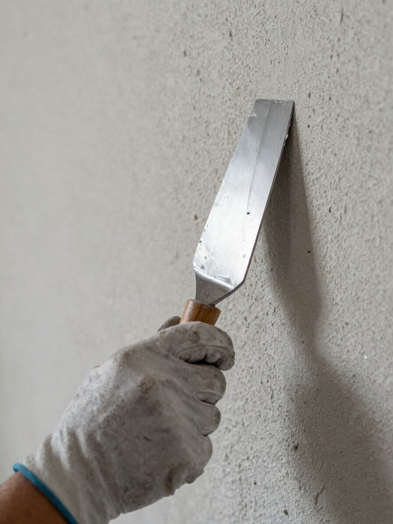 Close-up of a painter's gloved hand pressing a wide putty knife flat against a rough plaster wall, soft overcast natural daylight, surface imperfections visible under the blade, fine dust particles caught in the light