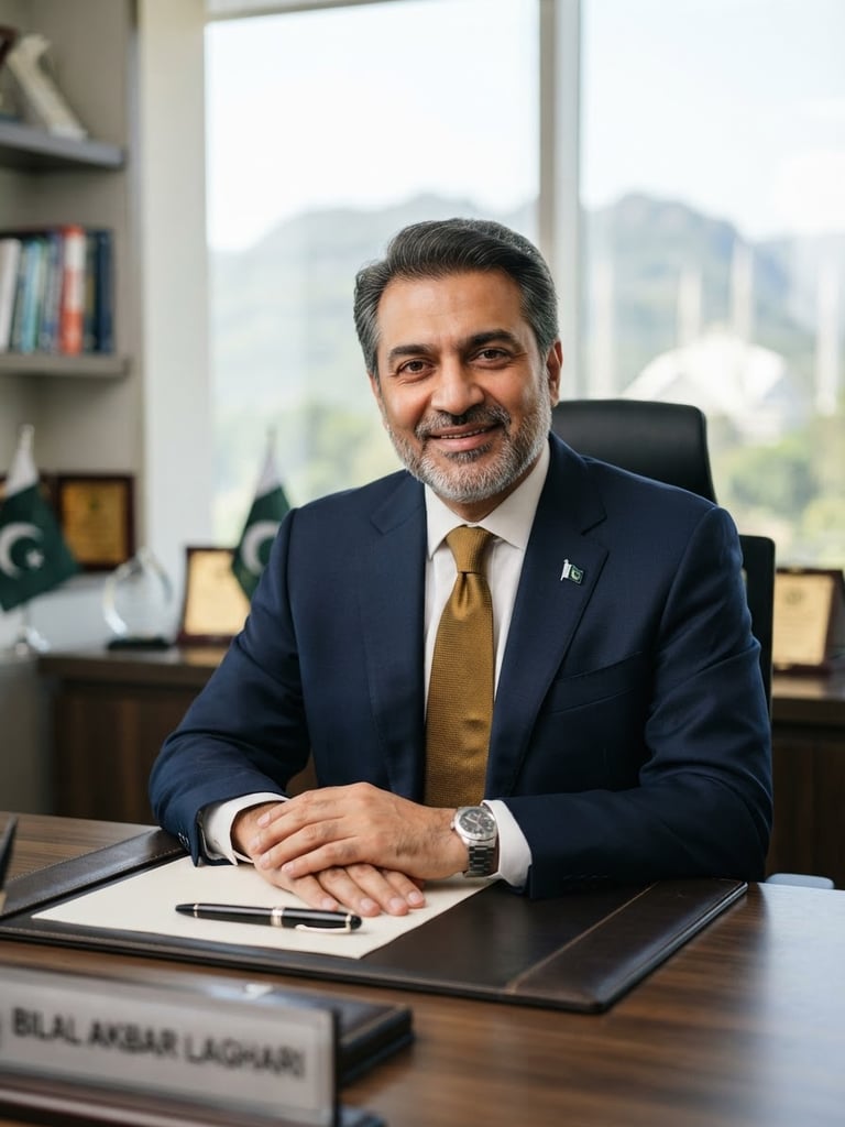 Professional portrait of Bilal Akbar Laghari in formal dark suit and gold tie, bright natural office light, executive chambers in Islamabad, 50mm lens.