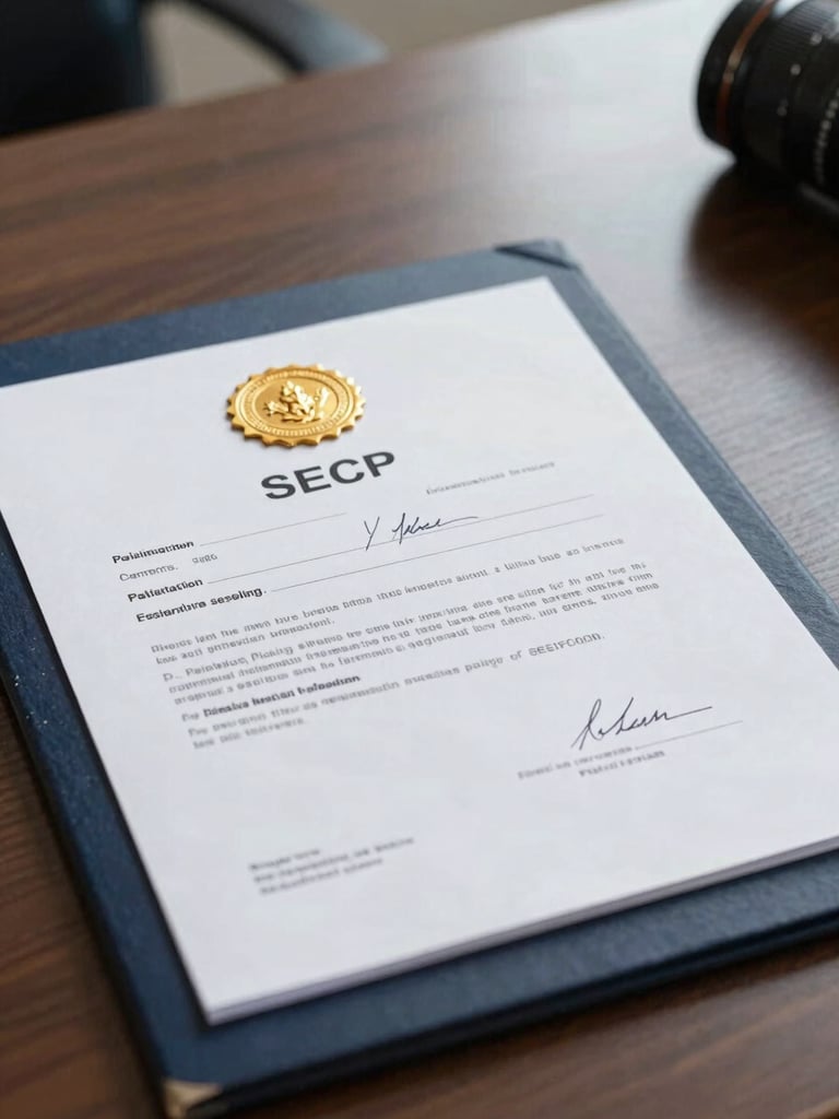 Close-up of a signed Pakistani corporate registration document with an official SECP gold seal, resting on a dark slate executive desk, professional editorial photography.