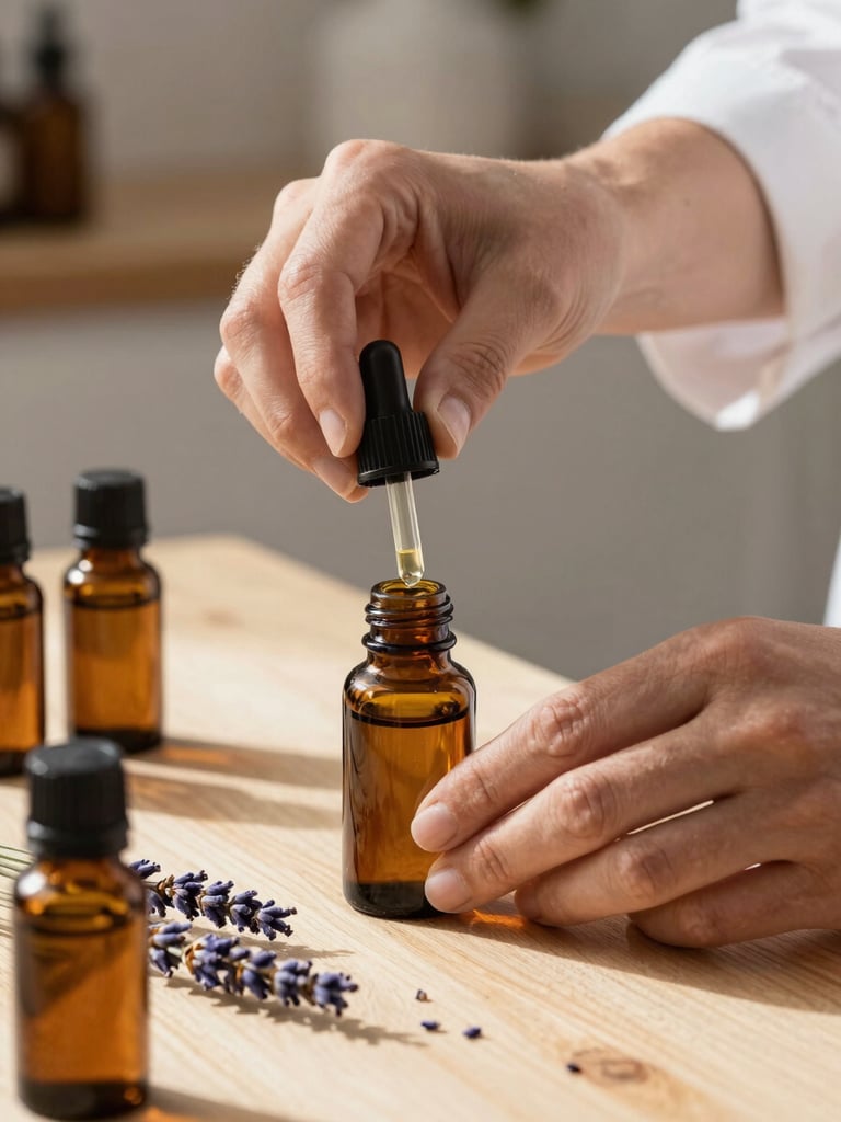 A close-up of a professional aromatherapist's hands carefully blending essential oils in a warm, sunlit wooden studio, amber glass bottles and fresh dried lavender on a light sand-colored surface.