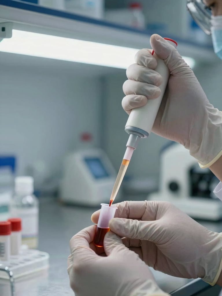 Close-up of gloved hands pipetting a blood specimen into a microcentrifuge tube on a stainless lab bench, clinical fluorescent overhead light, sharp focus on the pipette tip and amber-tinted sample