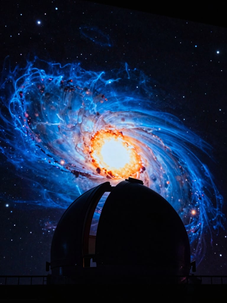 A dramatic low-angle shot of a planetarium projector system silhouetted against a deep space nebula projection, electric blue and solar orange backlighting, cinematic photography