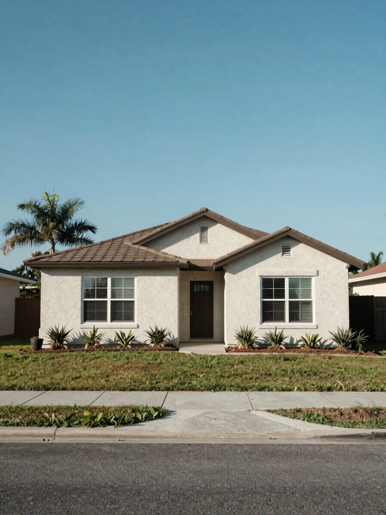 Straight-on, honest eye-level shot of a modest stucco ranch-style home in Pasco County, bright Florida daylight, clear sky, realistic neighborhood setting