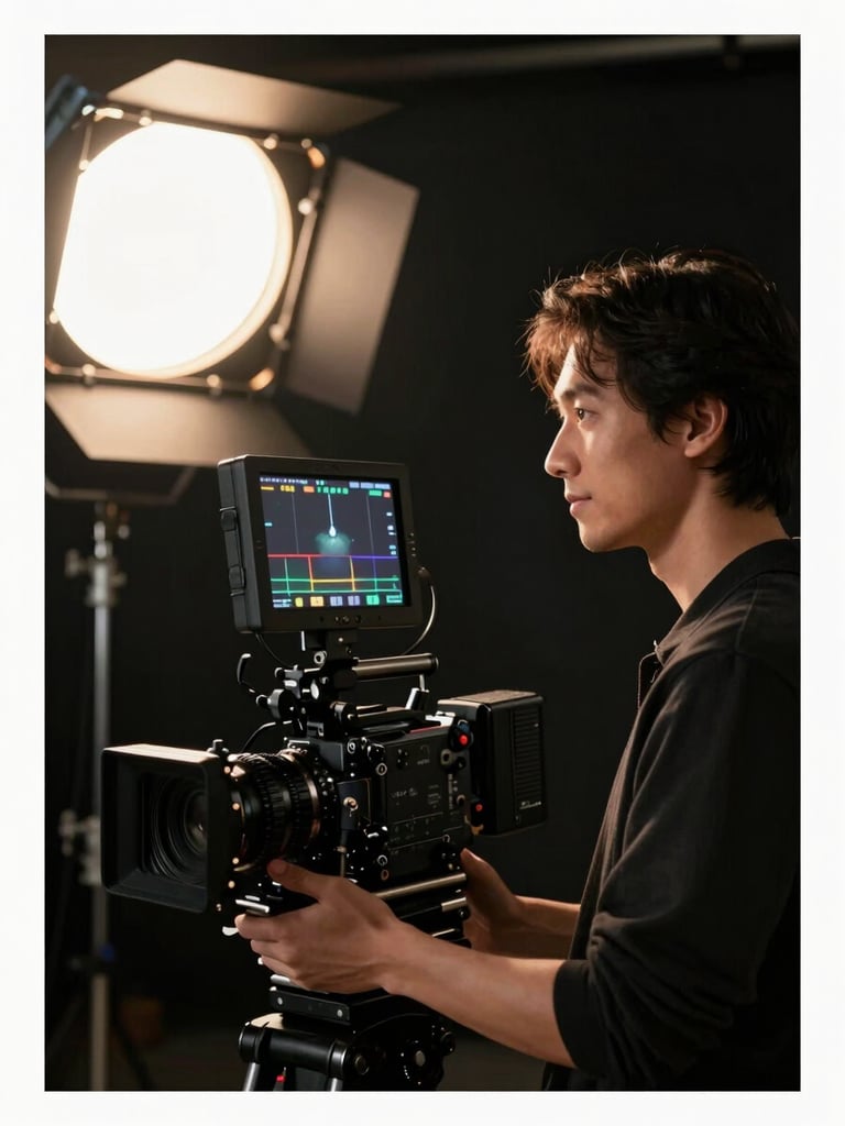 Portrait frame: a cinematographer in dark attire reviewing footage on a field monitor mounted to a cinema rig, directional studio key light from the left illuminating face and camera body, dark background with warm rim light — editorial production portrait, composed deliberately, no smile toward camera