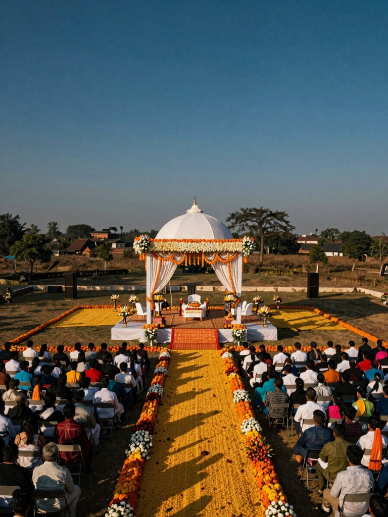 Wide environmental shot from above — an aerial frame of a grand outdoor ceremony mandap surrounded by marigold-lined aisles and hundreds of seated guests, golden hour light casting long geometric shadows across the floral arrangements, deep blue sky above