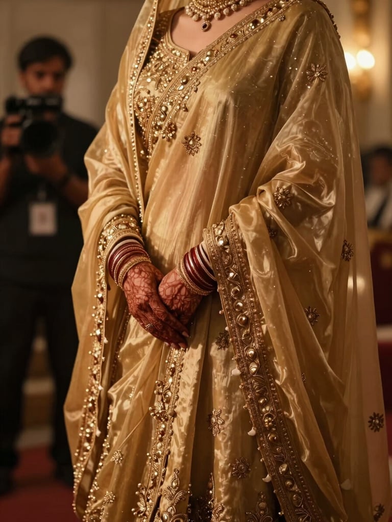 Cinematic medium shot — bride's hands resting on a gold-embroidered dupatta in sharp focus, a second camera operator visible as a soft silhouette in the far background, warm amber ceremony lighting raking across the fabric texture