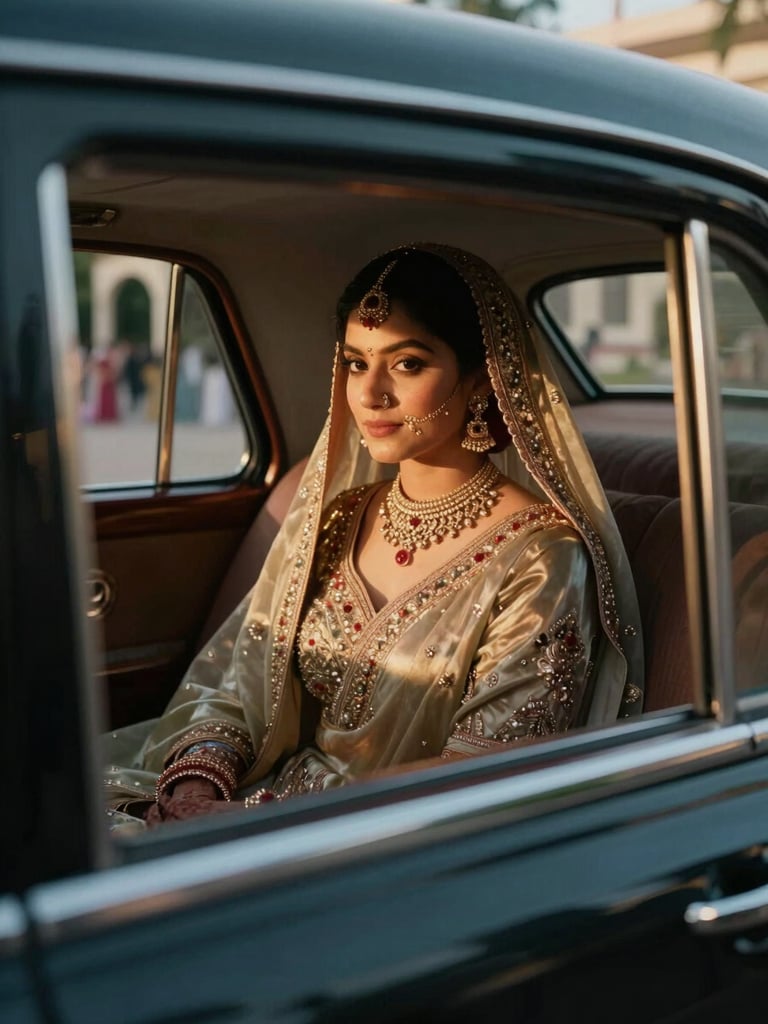 Tall portrait frame: bride seated inside an ornate vintage car, window frame cutting diagonally across the composition, warm golden-hour light raking across embroidered silk lehenga, background ceremony arch softly out of focus — cinematic production still, deep shadow in the corners, color-graded teal-and-gold palette