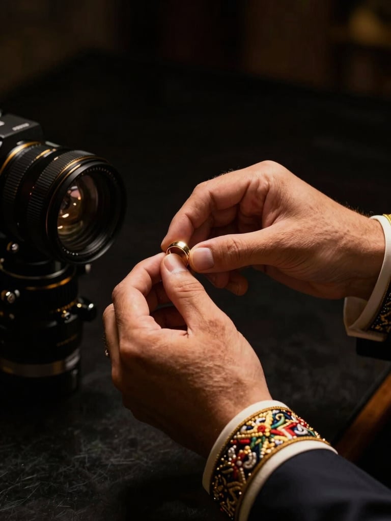 Cinematic medium shot, color-graded in warm gold and deep shadow, groom's hands exchanging a ring under dramatic directional key light, sharp focus on embroidered cuff and gold band, dark background receding into black