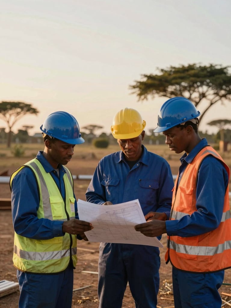 Engineers in high-visibility gear reviewing blueprints on-site under warm golden-hour sub-Saharan sunlight, cinematic 35mm