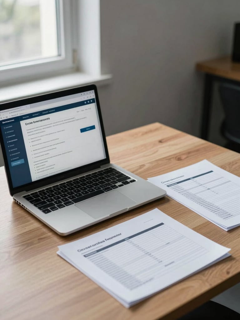 Medium shot of an office desk with an open laptop showing a cross-border payment interface, printed settlement documents arranged neatly beside it, daylight from a window to the left, cool flat lighting, no people