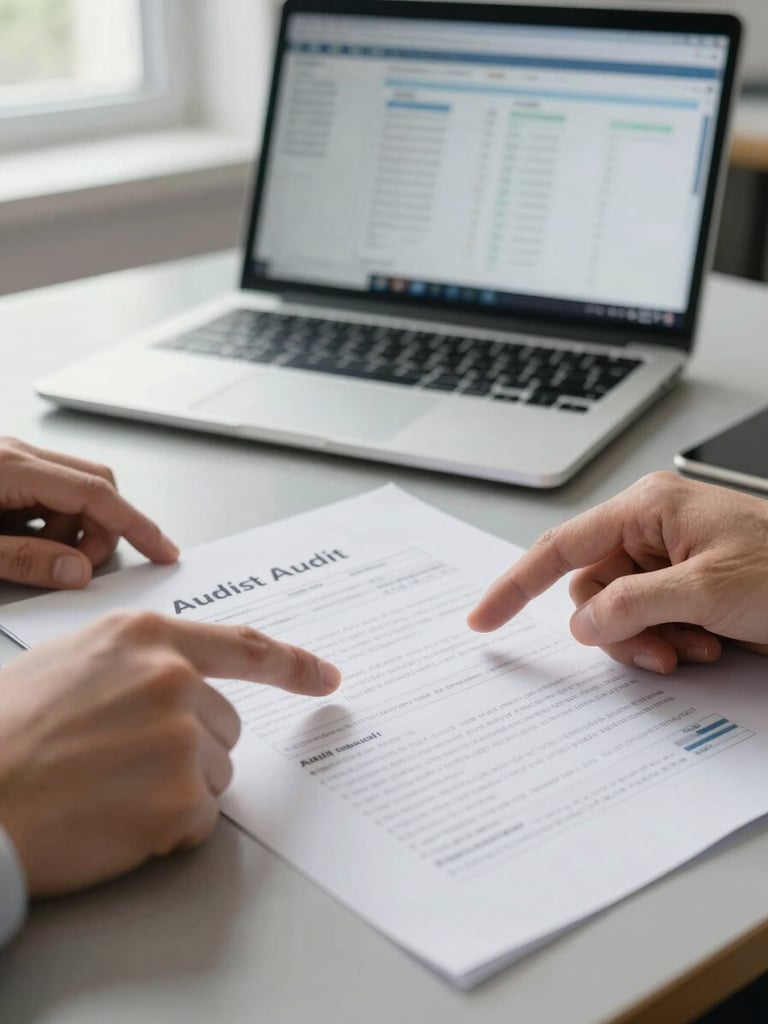 Tight close-up of a consultant's hands pointing at printed audit findings on a desk, a laptop showing a conversion dashboard in soft focus behind, north-facing daylight through a window at left edge, warm-gray surface, no faces visible
