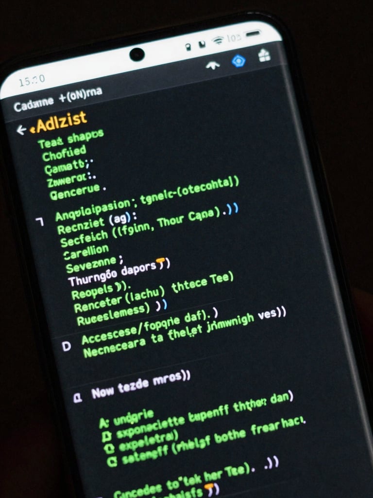 Extreme close-up of a physical Android flagship device screen showing high-framerate code rendering, low-key lighting with electric green reflections, angled device shot.