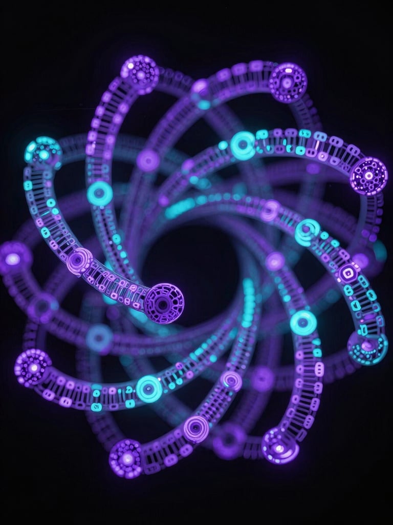 Abstract 3D generative cyber-structure of glowing violet and cyan spiral data nodes on a pitch-black background, wide macro lens framing, high technical precision, low-key dramatic lighting.