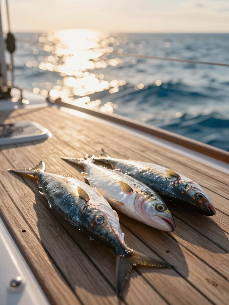 Close-up of fresh fish being prepared on the wooden deck of a sailboat, warm golden hour sunlight reflecting off the ocean, shallow depth of field