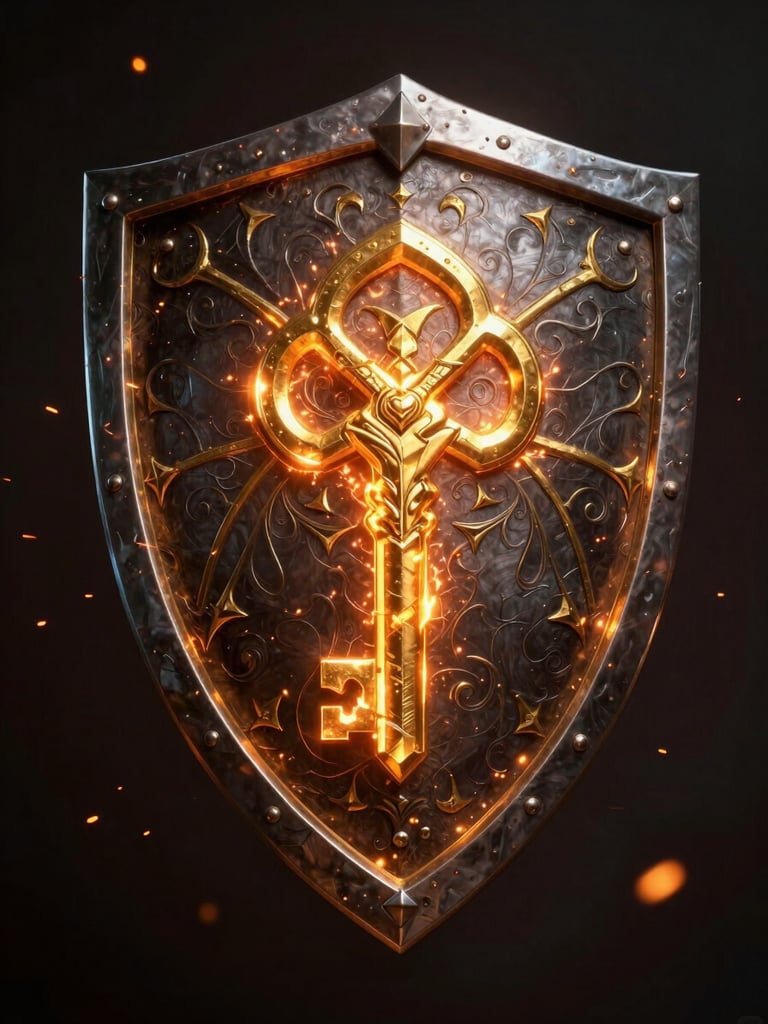 A glowing medieval shield with golden engravings, dark metallic background with fiery orange sparks, dramatic key lighting, high-contrast 3D render, 8k