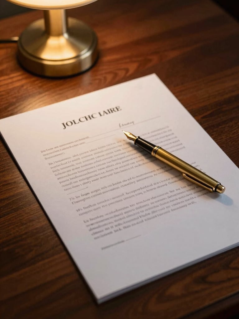 Close-up of a signed legal brief on a heavy mahogany table, a gold fountain pen resting on the textured paper, warm desk lamp lighting, 50mm lens.