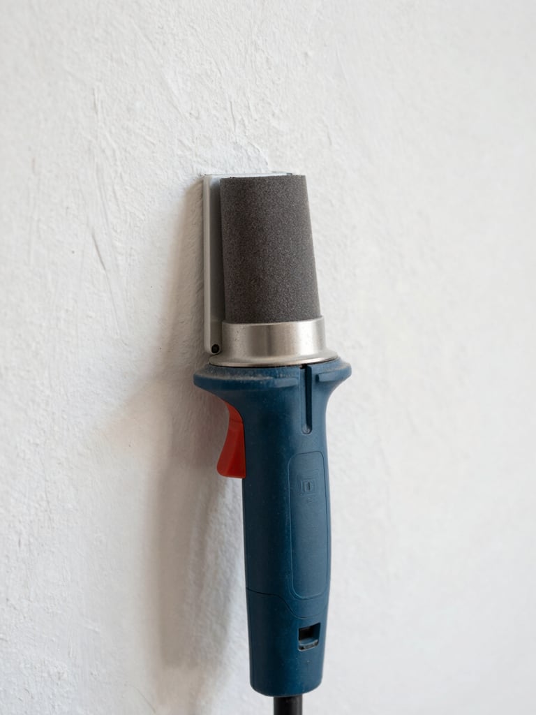 Close-up of a dust-free sanding tool on a smooth plaster wall, natural light, clean workspace setup, sharp focus, 35mm