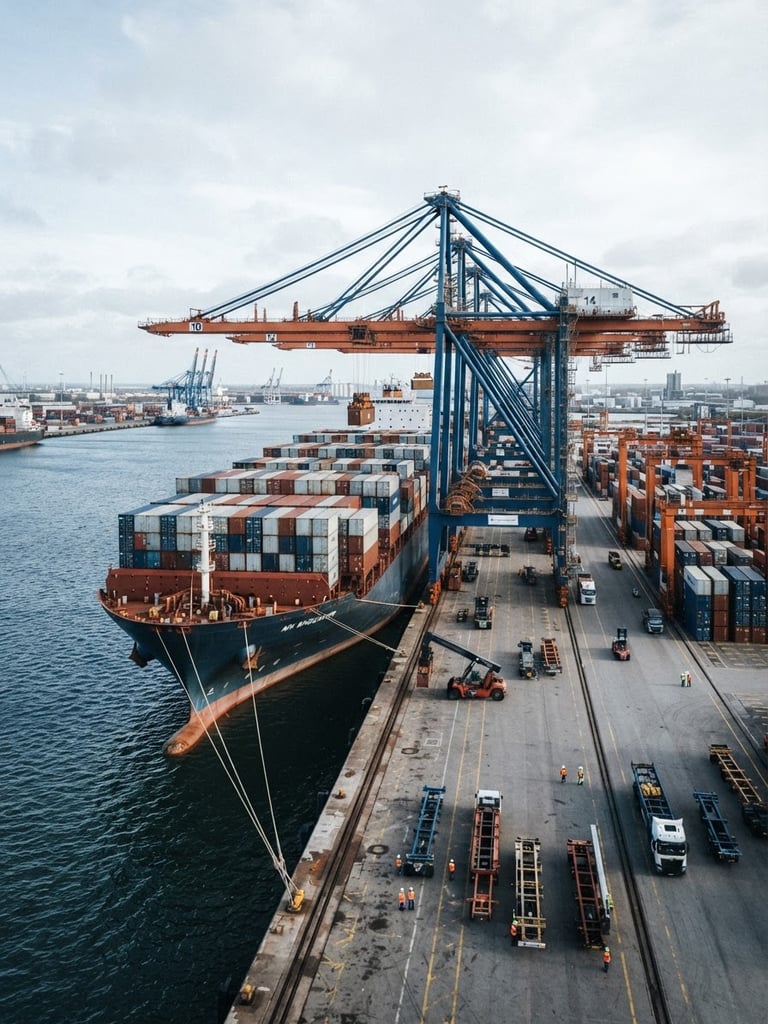Wide-angle view of a massive commercial container vessel docked at a high-tech terminal, towering gantry cranes overhead, crisp overcast daylight, deep steel blue water, sharp industrial maritime photography