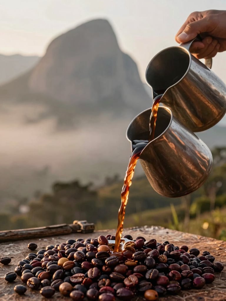 Close-up of artisanal coffee being poured in a rustic mountain setting in Pedra Azul, soft morning mist in the background, warm editorial photography, 35mm lens