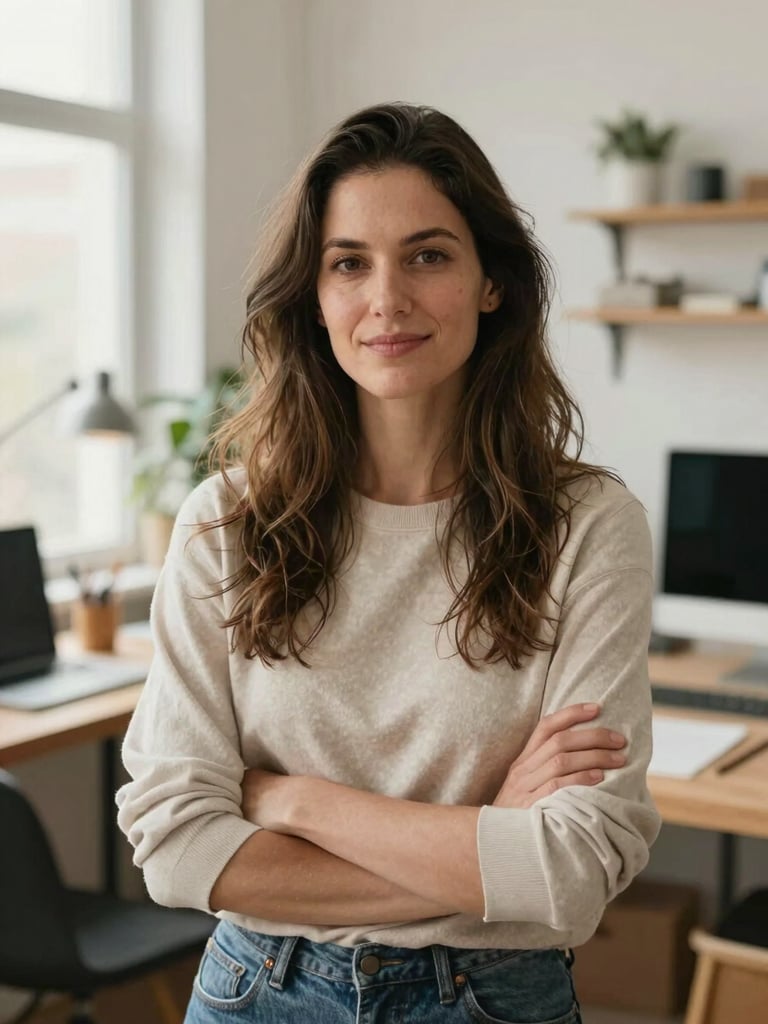 A warm, naturally lit portrait of a female creative business owner in her bright studio workspace