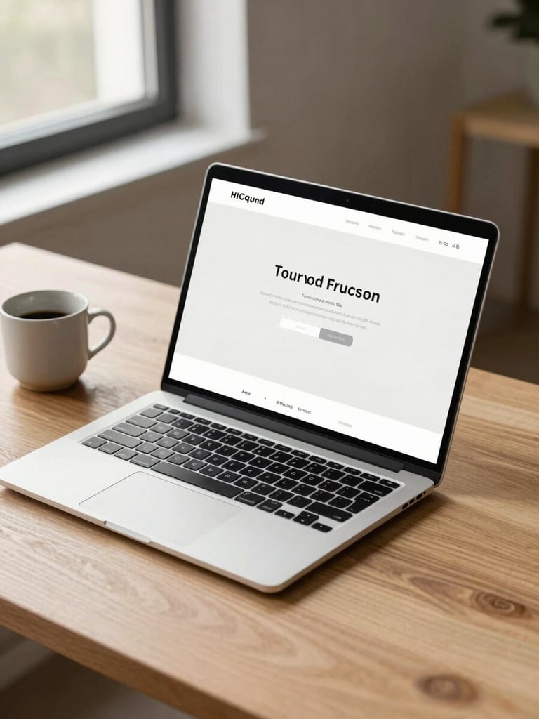 A high-fidelity mockup of a clean, minimalist website displayed on a modern laptop screen, placed on a light oak desk next to a ceramic cup under soft, natural window light.