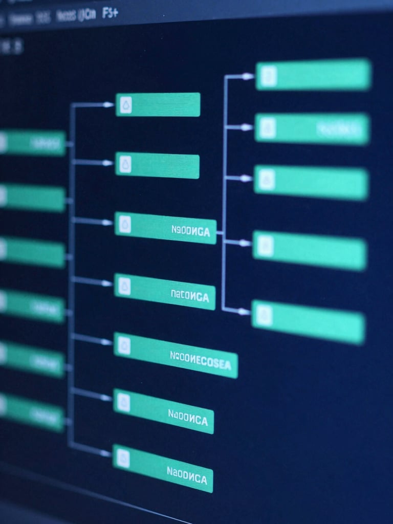 Sleek technical photography of a node-based system diagram on a screen, cool blue and cyber-green screen-glow, deep slate background, high-contrast details