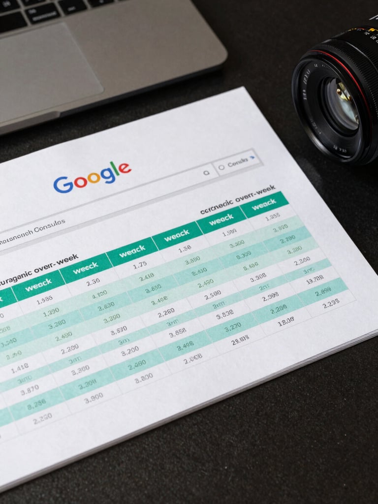Overhead flat-lay of an anonymized Google Search Console report printout on a dark desk, key organic traffic columns highlighted in teal marker, neutral office lighting, tight crop showing week-over-week rows