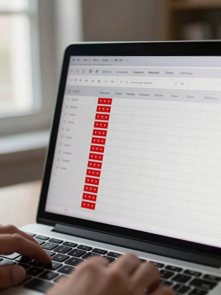 Close-up of a laptop screen showing a site crawl audit tool with red error flags highlighted in a spreadsheet-style interface, neutral window light from the left, hands on keyboard partially visible at the bottom edge