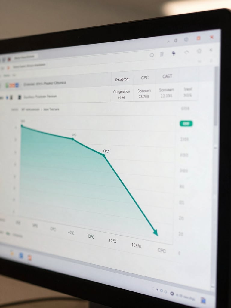 Close-up of a monitor screen showing a Google Ads campaign dashboard with cost-per-conversion columns, a downward-trending CPC line in teal, neutral office ambient light, tight crop on the data table rows