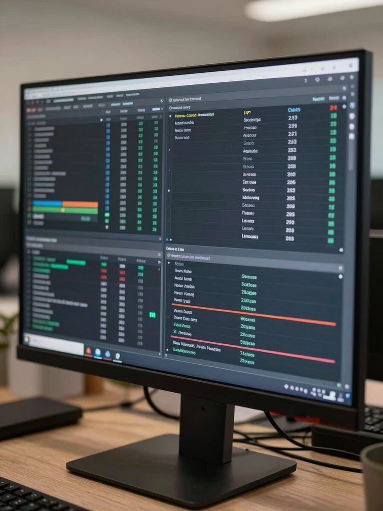 Wide shot of a monitor displaying a multi-channel analytics dashboard, tight crop on the screen from a slight side angle, neutral office lighting, data rows and column headers clearly visible, no people in frame