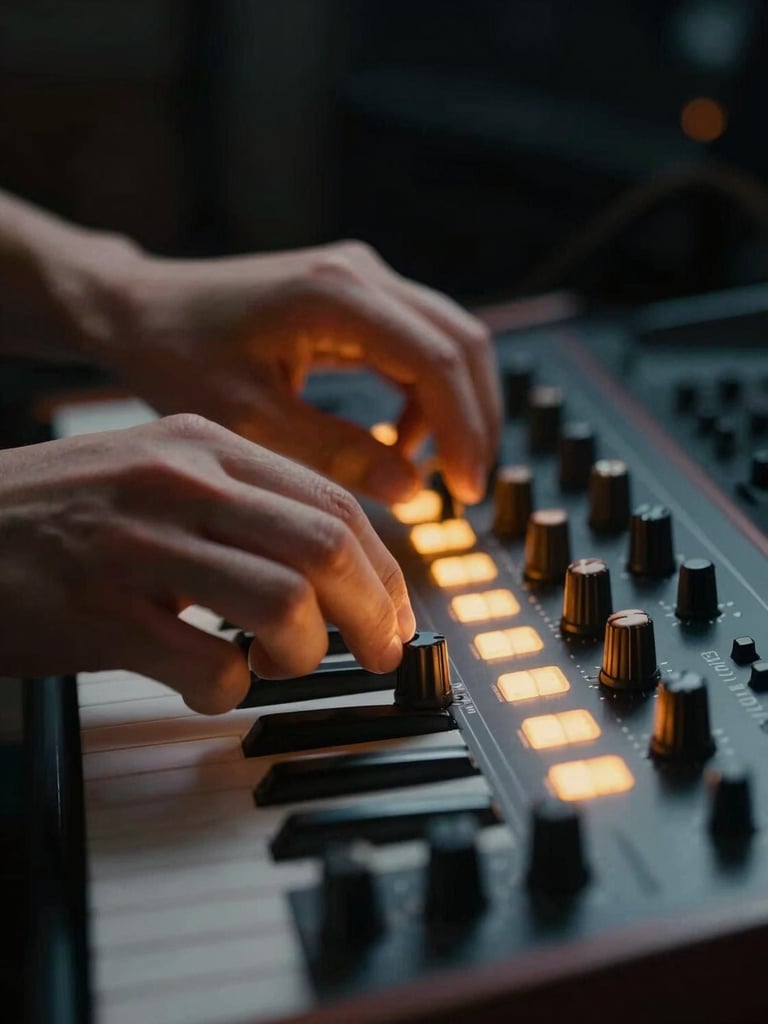 Moody cinematic close-up of hands adjusting knobs on an analog synthesizer, glowing amber LED indicators, dark studio background, 35mm