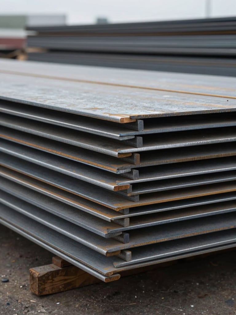 Macro close-up of industrial steel plates stacked in a shipping yard, cool overcast daylight, desaturated steel and slate tones, 35mm lens
