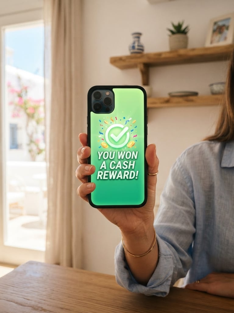 Close-up of a hand holding a smartphone displaying a bright green screen with a cash reward notification, warm daylight, modern Greek apartment background