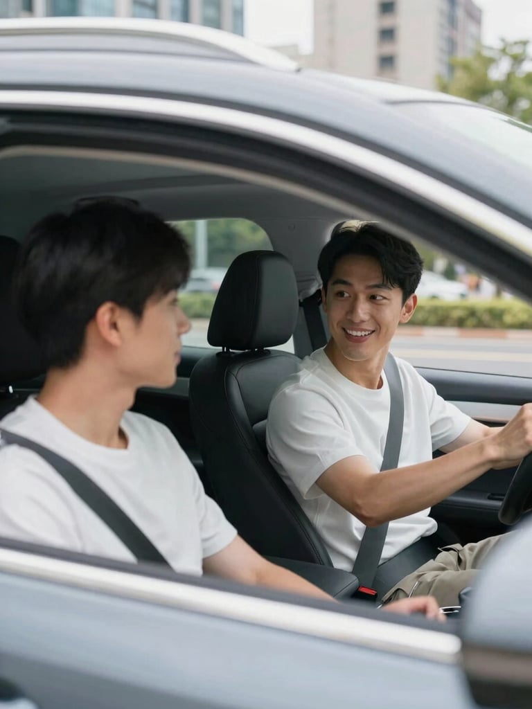 A calm driving instructor with a friendly smile explaining something patiently to a young adult student in the passenger seat of a modern car, bright natural daylight, clean urban background