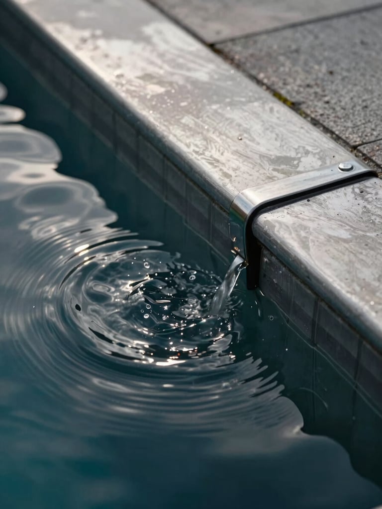Extreme close-up of still, dark pool water tension against polished silver coping, overcast daylight, sharp reflections.