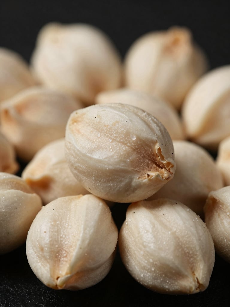 Extreme close-up macro shot of bone-white Makhana seeds against a pitch-black background, dramatic side-lighting highlighting the rough, raw textures.