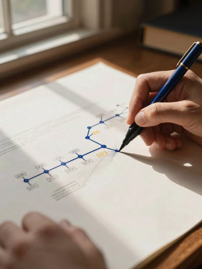 Close-up of hands sketching a complex timeline on heavy archival paper, warm directional library daylight, rich navy ink, shallow depth of field, prestigious heritage feel