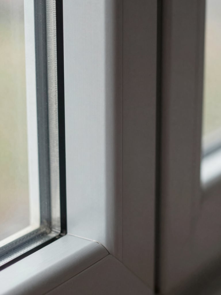 Extreme close-up of aluminium window frame corner joinery, powder-coat finish texture visible, natural daylight from the side, hands-off documentary framing, no people