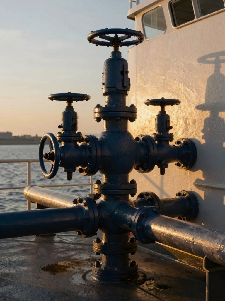 Close-up of industrial bunkering manifold on a vessel deck, heavy steel pipes and valves, warm golden-hour light, dramatic shadows