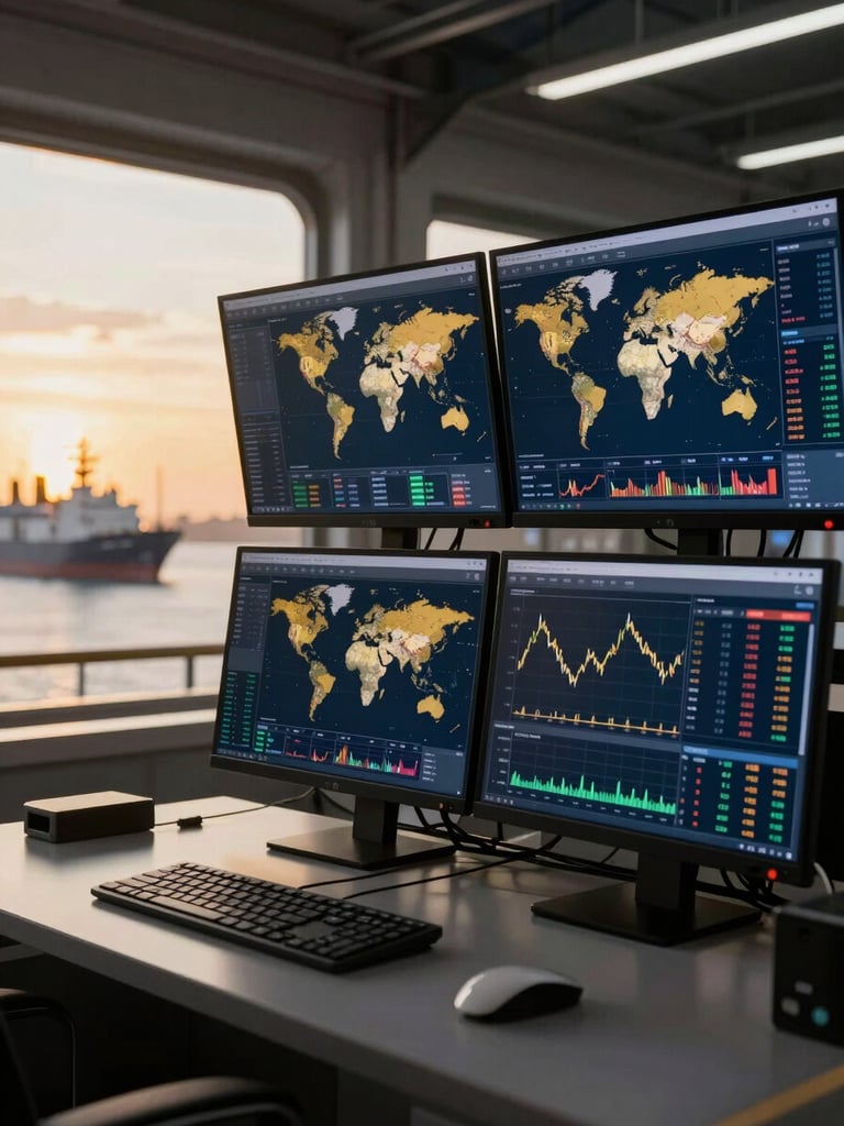 Dramatic close-up of a high-tech marine fuel trading desk with multiple monitors displaying complex global shipping maps and live energy charts, cool-toned industrial lighting, premium corporate aesthetic