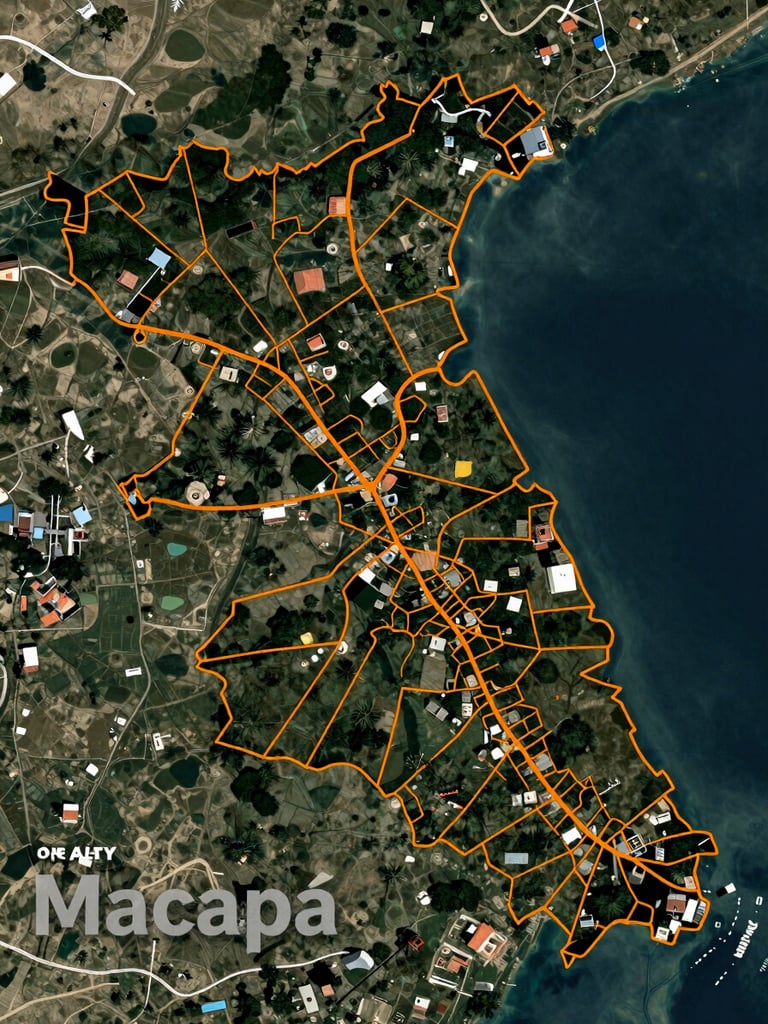 High-resolution satellite cartography overlay of the Macapá region, showing precise property boundaries in sharp orange vector lines, natural equatorial light, technical and institutional look, clean layout.