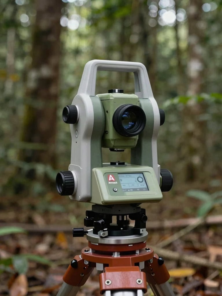 Macro shot of a high-precision GPS surveying instrument set up in a clearing of the Amapá forest, soft natural equatorial light filtering through canopy.