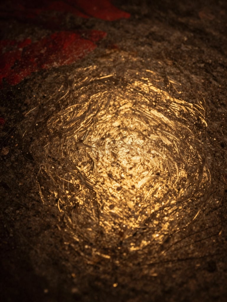 Abstract texture of brushed gold leaf on dark stone, representing value and solidity, dramatic editorial photography, low-key warm golden lighting, deep charcoal and rich red tones, shallow depth of field, 50mm lens.