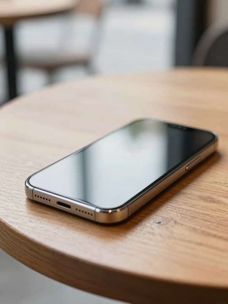 Close-up shot of a modern smartphone lying on a clean wooden cafe table, soft natural daylight, shallow depth of field, 35mm