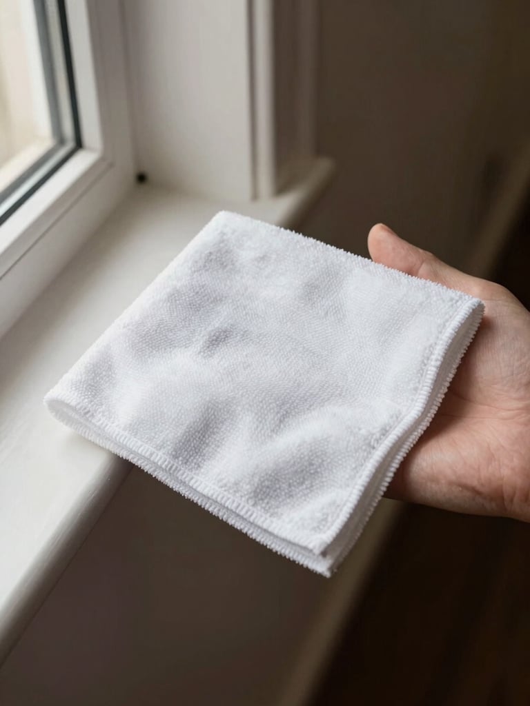 Close-up overhead of a microfibre cloth held flat against a skirting board baseboard in a hotel corridor, north-facing daylight from a window off-frame left, fine dust detail visible against the pale painted surface, no faces