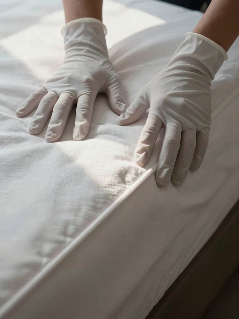 Extreme close-up of gloved hands pressing a white linen corner flat against a hotel mattress edge, shot from directly above, natural north-facing window light raking across the surface revealing the precise tuck, no person visible above the wrists
