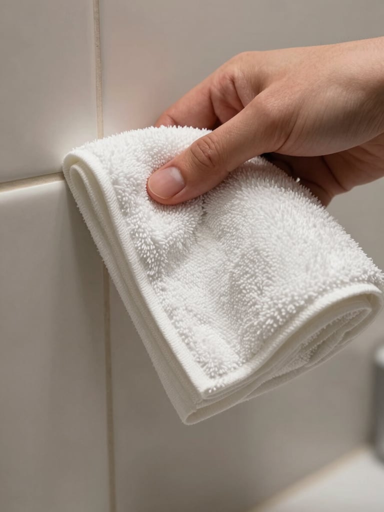 Extreme close-up of a gloved hand pressing a white folded towel edge against a bathroom vanity corner, controlled studio lighting from above, tile grout visible in sharp focus, no faces or people beyond the hand