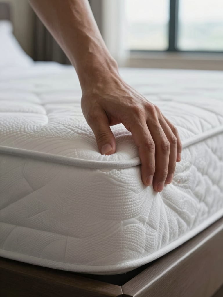 Extreme close-up of a gloved hand pressing a white cotton corner flat against a hotel mattress, natural north-facing daylight through a window illuminating the precise fold, no person visible above the wrist, environmental context of a freshly made bed visible at shallow depth