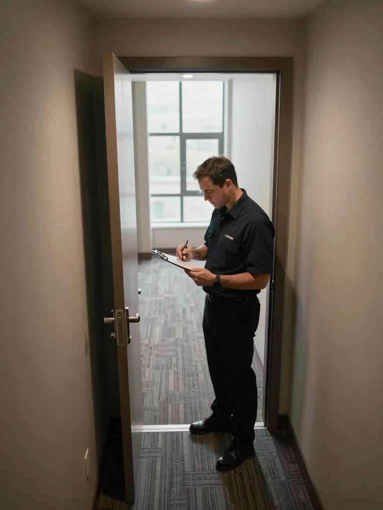 Wide environmental overhead shot of a fully completed hotel room corridor, a supervisor in uniform standing at an open doorway reviewing a checklist clipboard, north-facing window light from the far end of the corridor, no eye contact with camera, sharp detail on the clipboard and doorframe corner